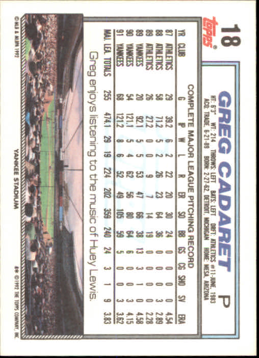 1992 Topps #18 Greg Cadaret back image
