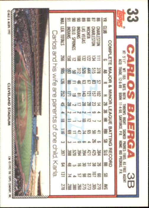1992 Topps #33 Carlos Baerga back image