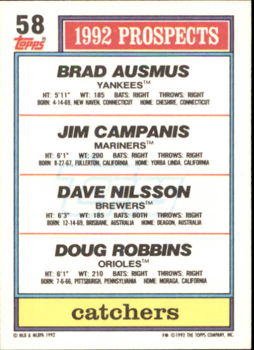 1992 Topps #58 Brad Ausmus RC/Jim Campanis Jr./Dave Nilsson/Doug Robbins back image