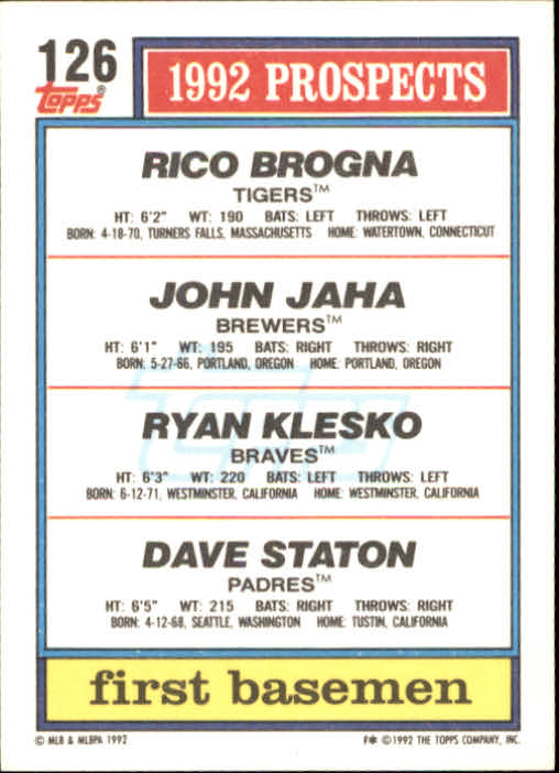 1992 Topps #126 Ryan Klesko/John Jaha RC/Rico Brogna/Dave Staton back image