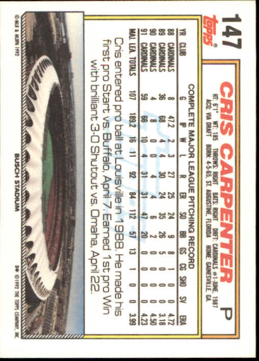 1992 Topps #147 Cris Carpenter back image