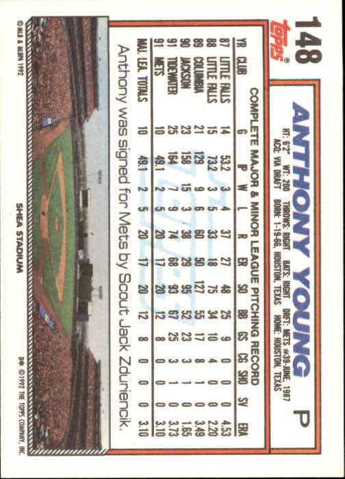 1992 Topps #148 Anthony Young back image