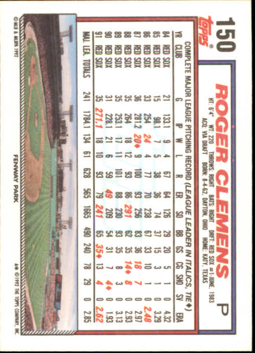 1992 Topps #150 Roger Clemens UER/League leading ERA in/1990 not italicized back image