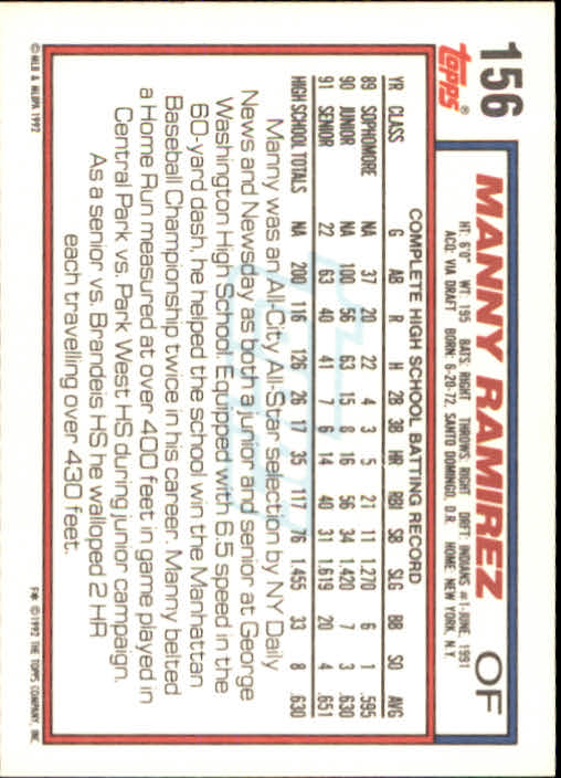 1992 Topps #156 Manny Ramirez RC back image