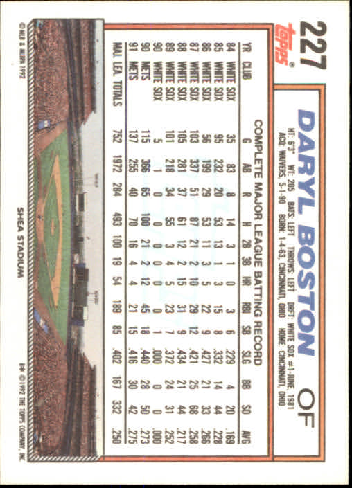 1992 Topps #227 Daryl Boston back image