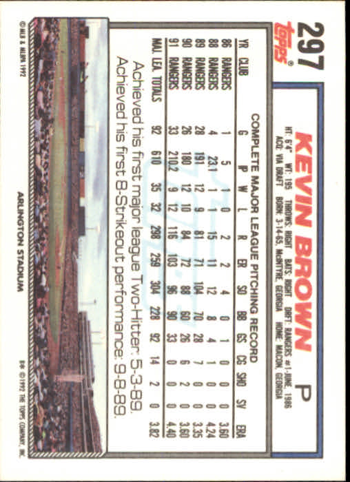 1992 Topps #297 Kevin Brown back image