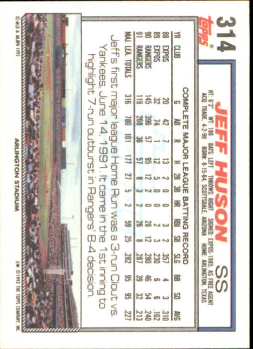 1992 Topps #314 Jeff Huson back image