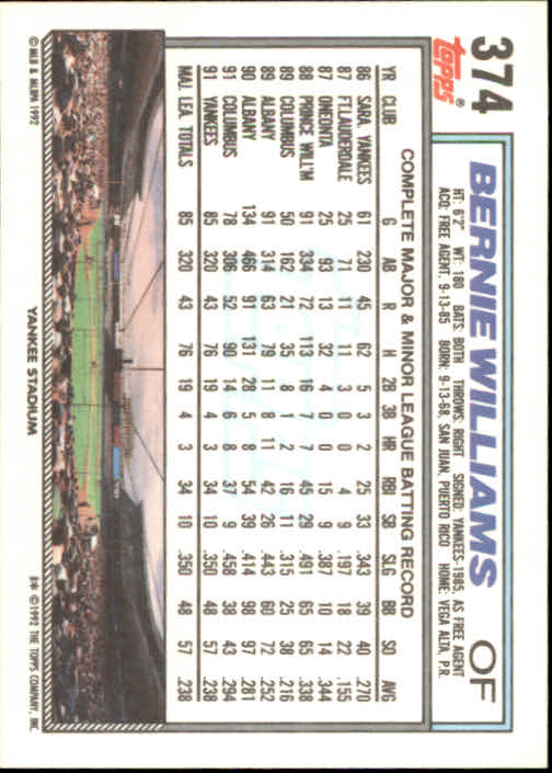 1992 Topps #374 Bernie Williams back image