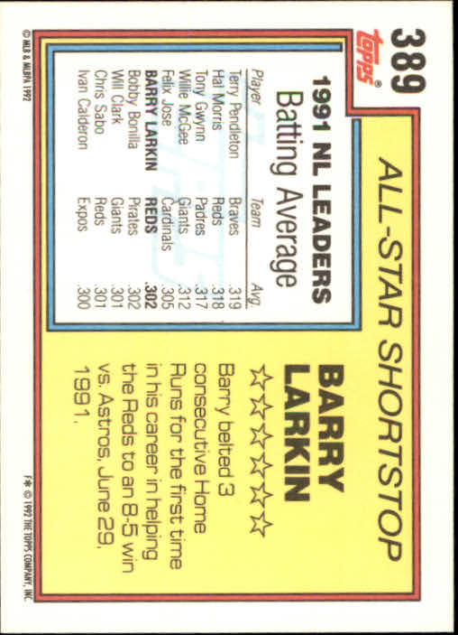 1992 Topps #389 Barry Larkin AS back image