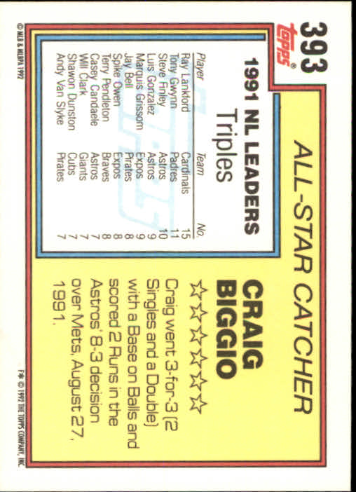 1992 Topps #393 Craig Biggio AS back image