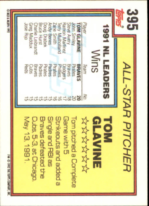1992 Topps #395 Tom Glavine AS back image