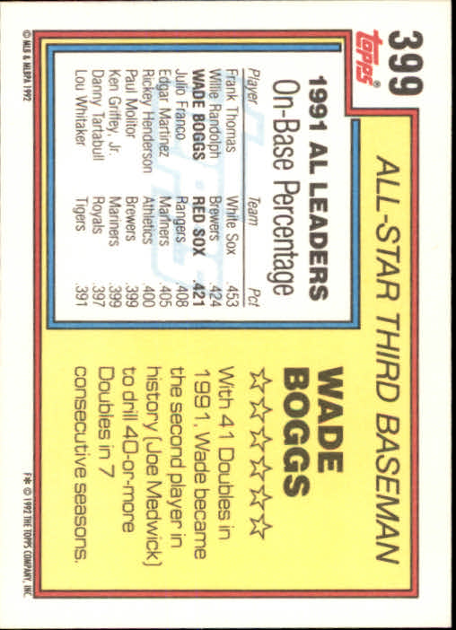 1992 Topps #399 Wade Boggs AS back image