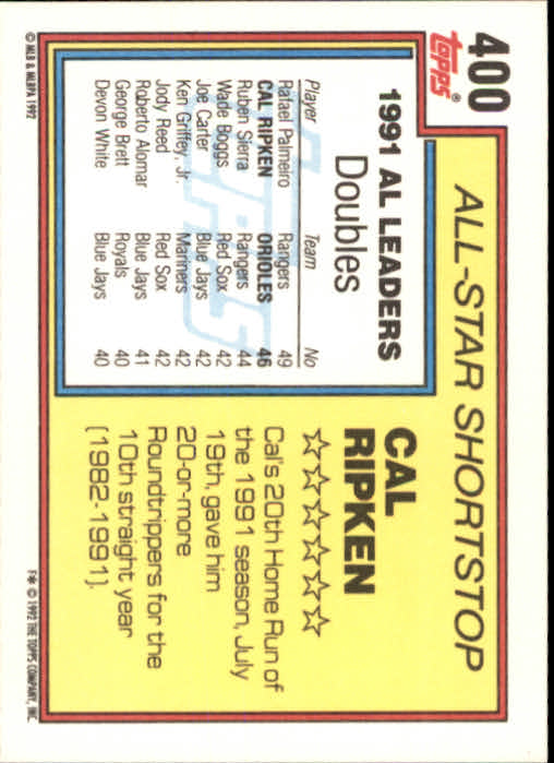 1992 Topps #400 Cal Ripken AS back image