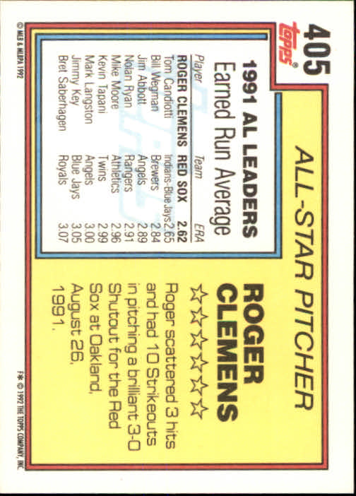 1992 Topps #405 Roger Clemens AS back image