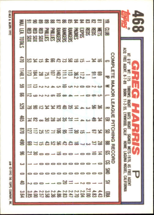 1992 Topps #468 Greg Harris back image