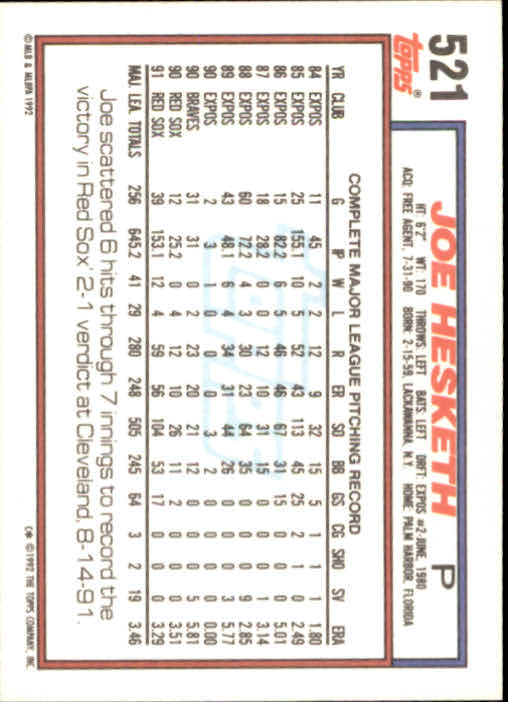 1992 Topps #521 Joe Hesketh back image