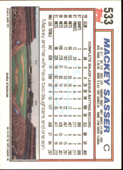 1992 Topps #533 Mackey Sasser back image