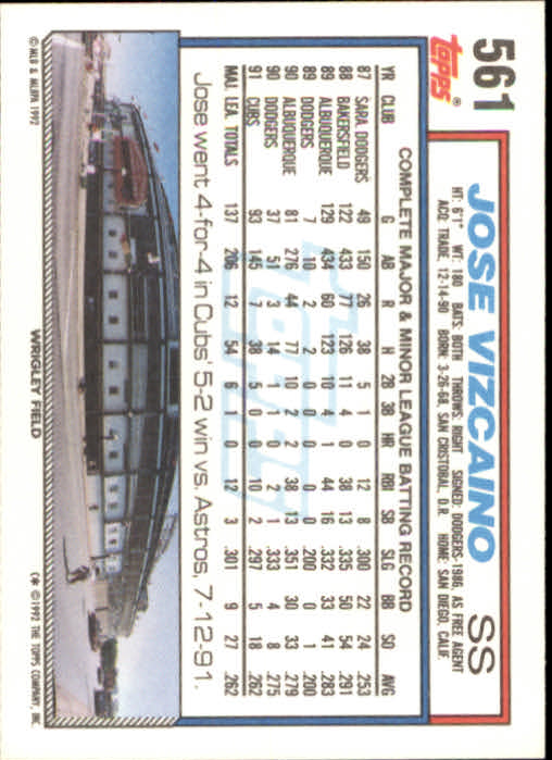 1992 Topps #561 Jose Vizcaino back image