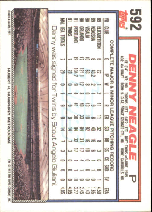 1992 Topps #592 Denny Neagle back image
