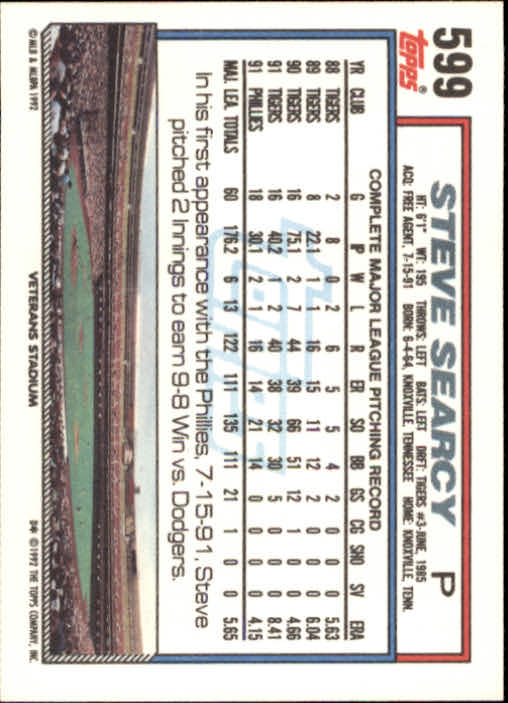 1992 Topps #599 Steve Searcy back image