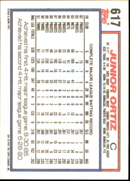1992 Topps #617 Junior Ortiz back image