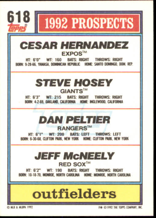 1992 Topps #618 Cesar Hernandez/Steve Hosey/Jeff McNeely/Dan Peltier back image
