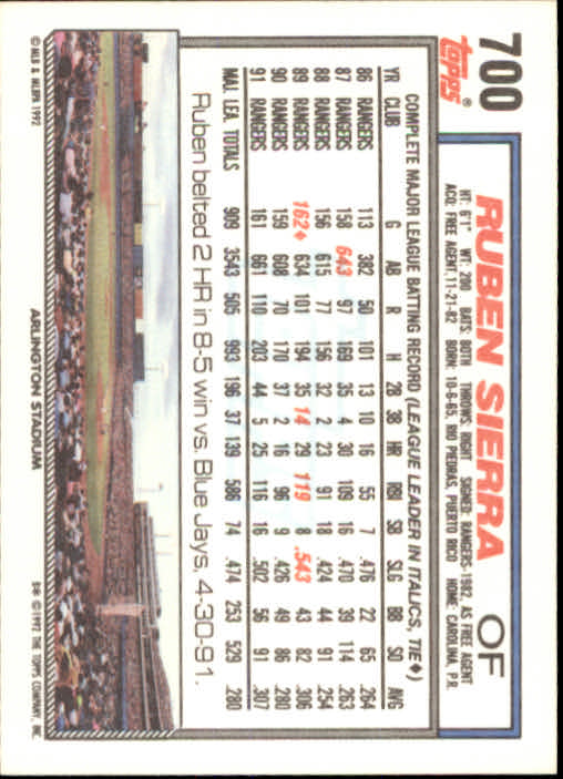 1992 Topps #700 Ruben Sierra back image