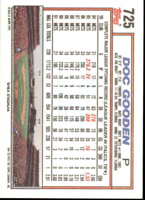 1992 Topps #725 Dwight Gooden back image