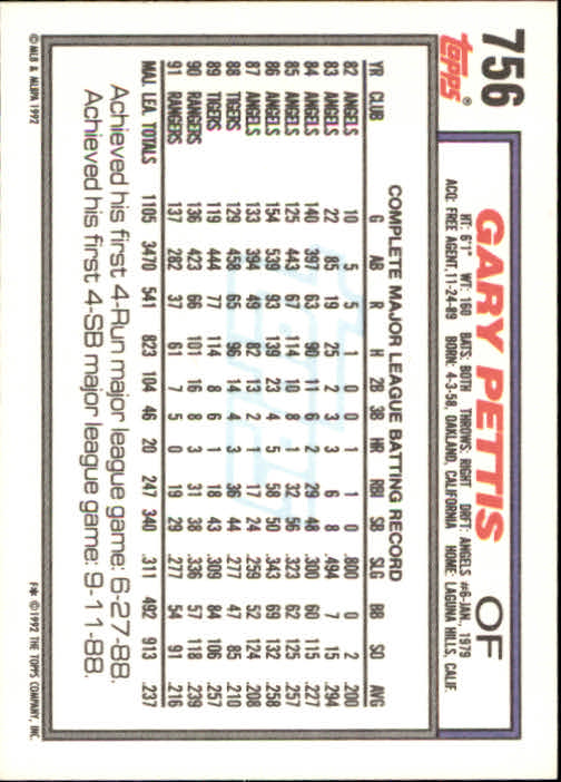 1992 Topps #756 Gary Pettis back image