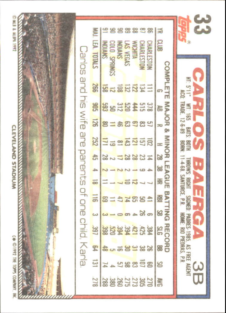 1992 Topps Gold #33 Carlos Baerga back image