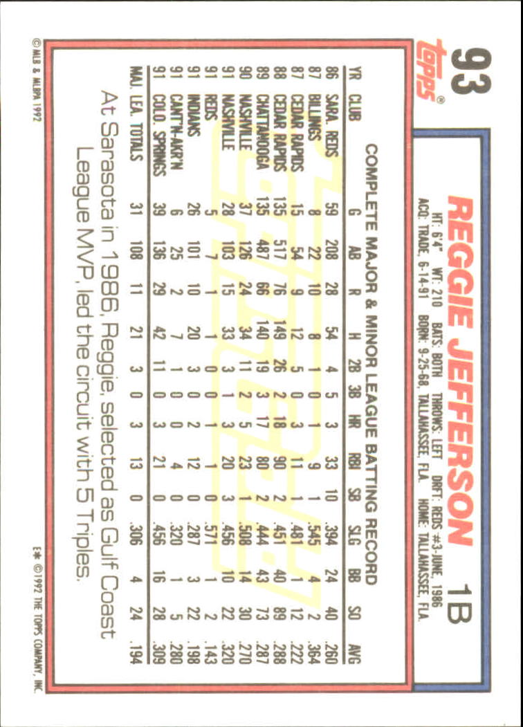1992 Topps Gold #93 Reggie Jefferson back image