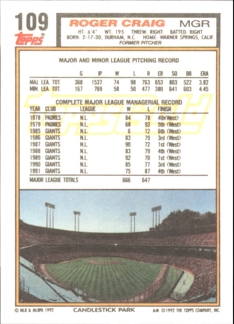 B0600- 1992 Topps Gold Baseball Card #s 1-250 -You Pick- 15+ FREE US SHIP - Picture 201 of 473