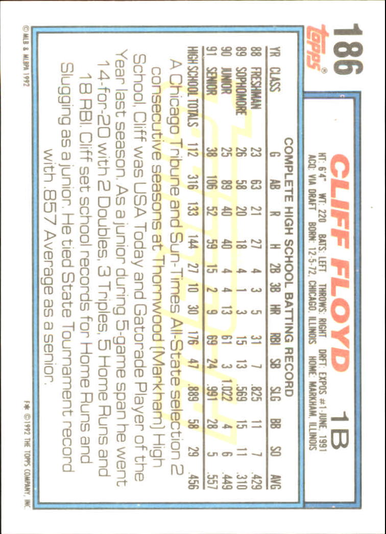 1992 Topps Gold #186 Cliff Floyd back image