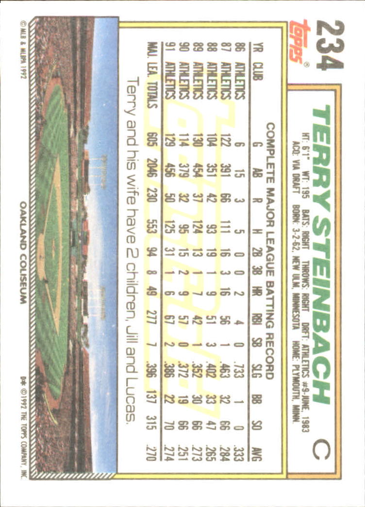 1992 Topps Gold #234 Terry Steinbach back image