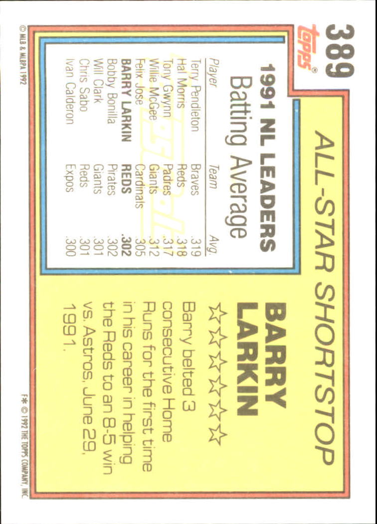 1992 Topps Gold #389 Barry Larkin AS back image