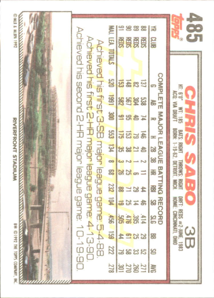 1992 Topps Gold #485 Chris Sabo back image
