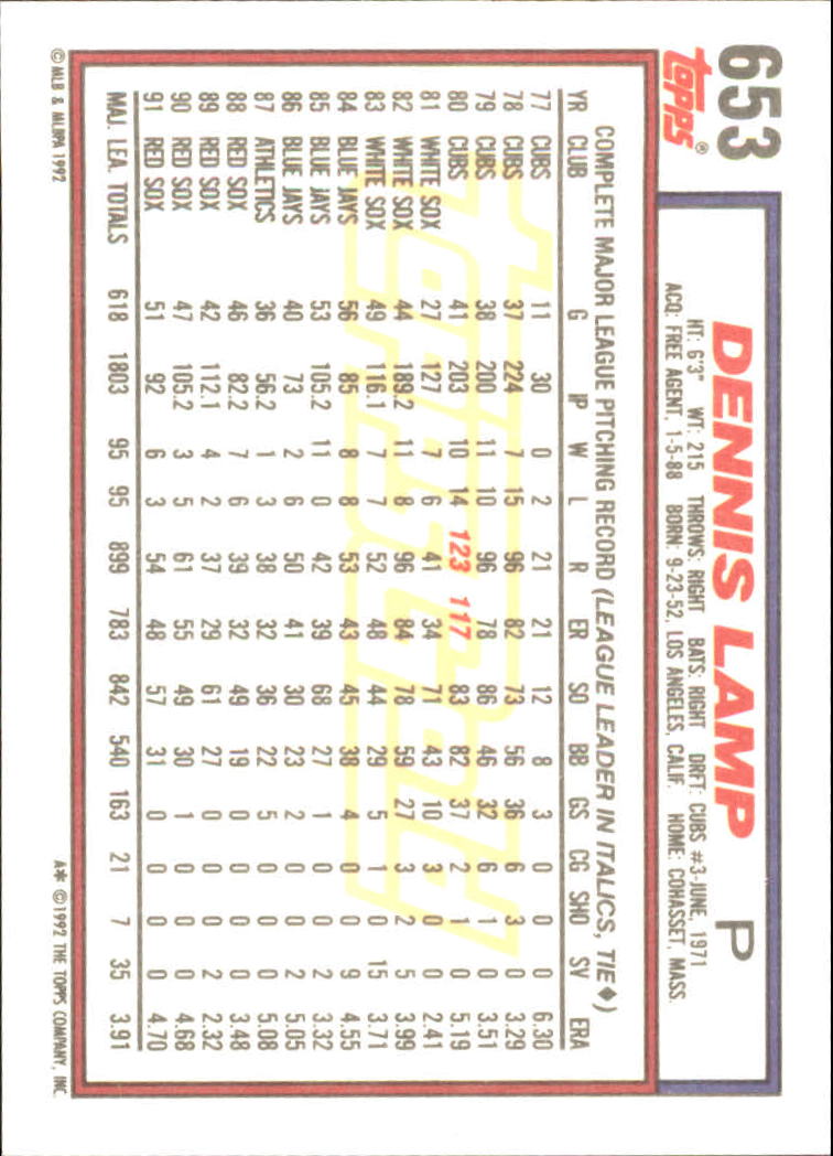 1992 Topps Gold #653 Dennis Lamp back image