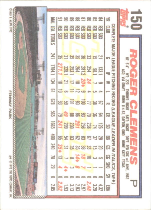 1992 Topps Gold Winners #150 Roger Clemens back image