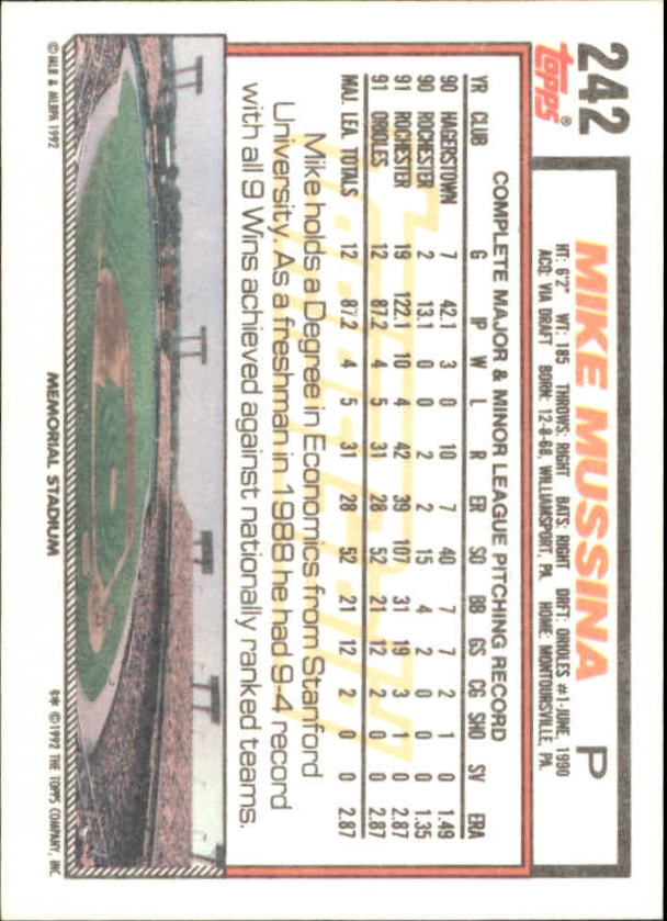 1992 Topps Gold Winners #242 Mike Mussina back image