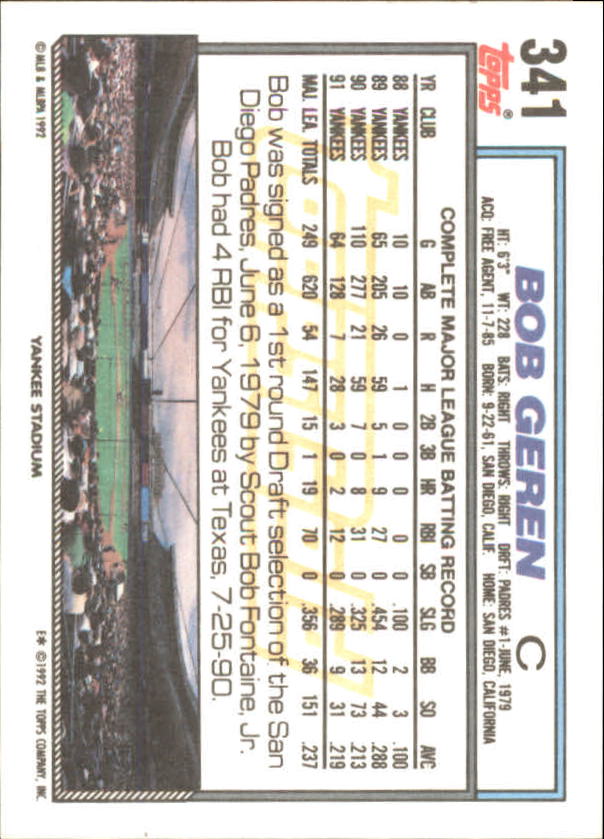 1992 Topps Gold Winners #341 Bob Geren back image
