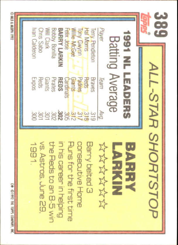 1992 Topps Gold Winners #389 Barry Larkin AS back image