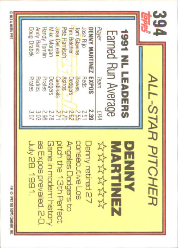 1992 Topps Gold Winners #394 Dennis Martinez AS back image
