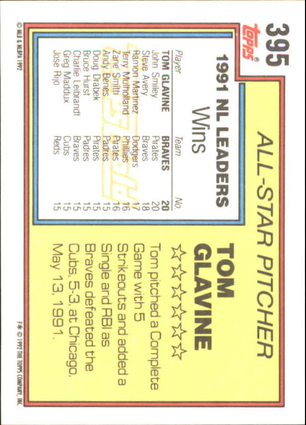 1992 Topps Gold Winners #395 Tom Glavine AS back image