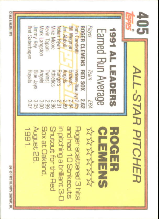 1992 Topps Gold Winners #405 Roger Clemens AS back image