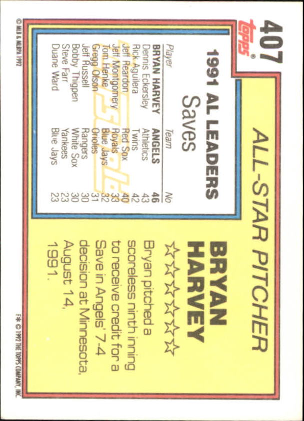 1992 Topps Gold Winners #407 Bryan Harvey AS back image