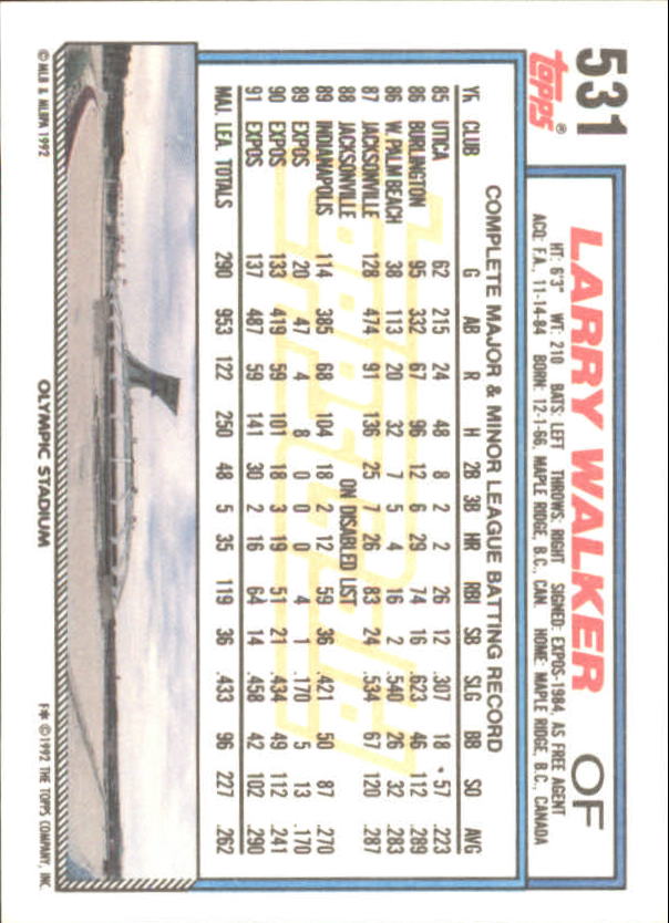 1992 Topps Gold Winners #531 Larry Walker back image