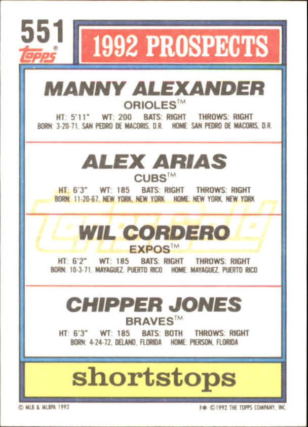 1992 Topps Gold Winners #551 Chipper Jones/Wil Cordero back image