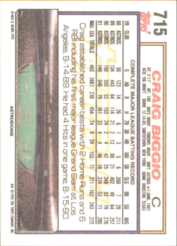 1992 Topps Gold Winners #715 Craig Biggio back image