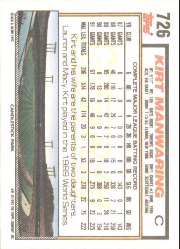 1992 Topps Gold Winners #726 Kirt Manwaring back image