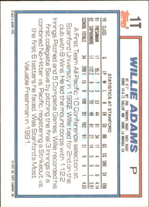1992 Topps Traded #1T Willie Adams USA RC back image